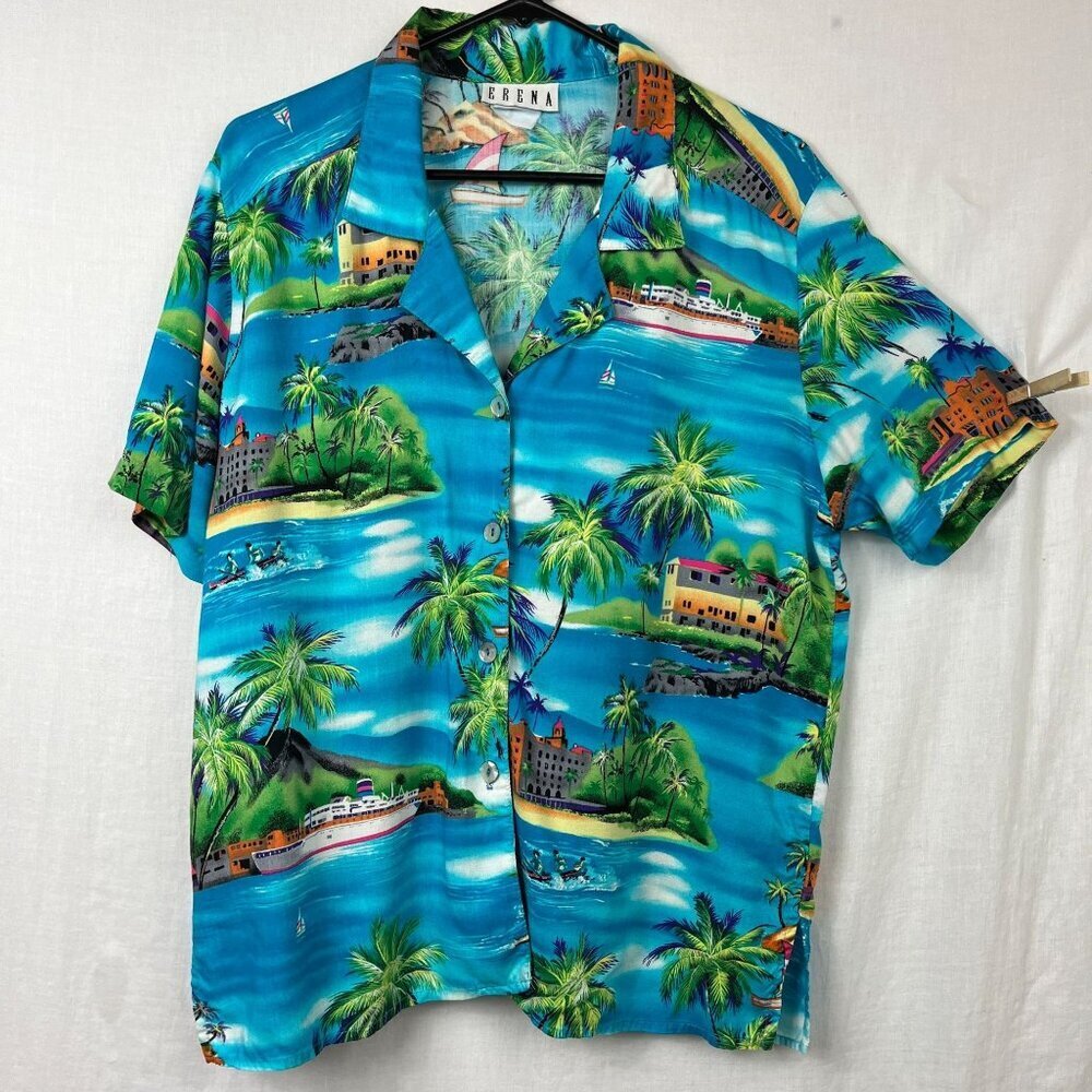 Vintage Erena Button Up Hawaiian Shirt Womens XL Tropical‎ Beach Vacation Summer